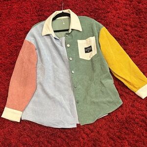 SHEIN Multicolor Corduroy Colorblock Button-Down Shirt